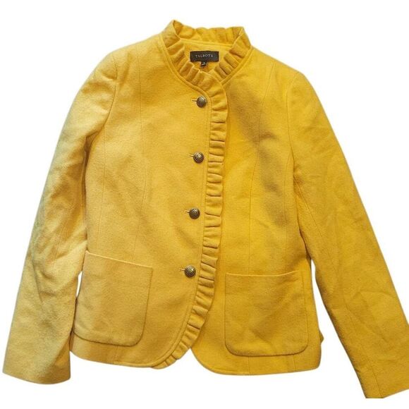 Talbots Jacket Women's 8 Yellow Ruffle Trim Shetland Herringbone Wool Blend - Picture 2 of 7